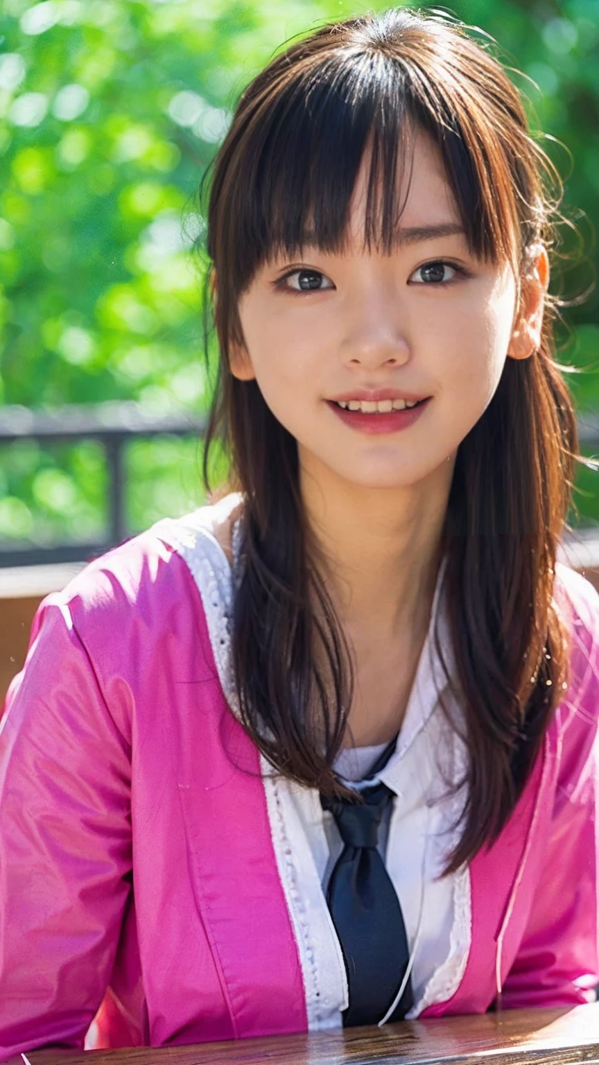 Upper body portrait of a Japanese female high school student。Her straight black hair、Shoulder-length hair with bangs reaching the eyebrows。Each and every hair is drawn in detail.、Has a natural shine、It appears shiny where light hits it。Her skin has a healthy tone、Even the pores and fine hairs are depicted in detail.。The cheeks have a natural pale pink color.、Fine shadows are visible on the nose and forehead。

Her big brown eyes、The iris pattern is depicted in detail.、The pupil is clearly visible in the center。The light from the window is reflected in her eyes、The reflection of the light gives the eyes a little sparkle.。Her eyelashes are long、Each piece is carefully drawn。Eyebrows in a natural shape、The flow of hair is clearly visible。

Her face is a bright smile、Her mouth shows pure white teeth。The teeth are well aligned、The surface of the teeth is painted with subtle light reflections.。Lips are naturally pink、The texture and shine of the lips are also realistically expressed.。She is wearing a white blouse and a navy blue sailor uniform.、A bright red ribbon is tied neatly around the collar of the uniform.。The texture and wrinkles of the clothes&#39; fibers are also depicted in detail.、The sailor uniform has white lines on the collar and cuffs.。

In the background is a school classroom、Wooden desk and chair、You can see the blackboard。Natural light pours in through the large windows、It creates soft shadows on her face and clothes.。The light warms her skin、The subtle shading emphasizes the three-dimensionality of the face.。There is a bulletin board on the wall of the classroom.、The posters and notices posted there also look faint.。The reflected light in the eyes、Hair luster、Skin Texture、Even the details of the clothes、Everything is detailed down to the last detail.。