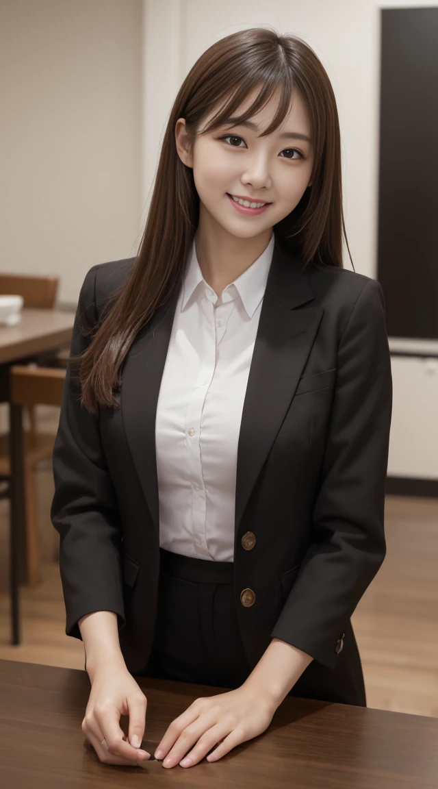 Tabletop, Highest quality, figure, Super detailed, In detail, High resolution, 8k wallpaper, Perfect dynamic composition, Age35,Beautiful attention to detail, Natural Lip,blazer ,whole body,Light brown hair,bangs,smile