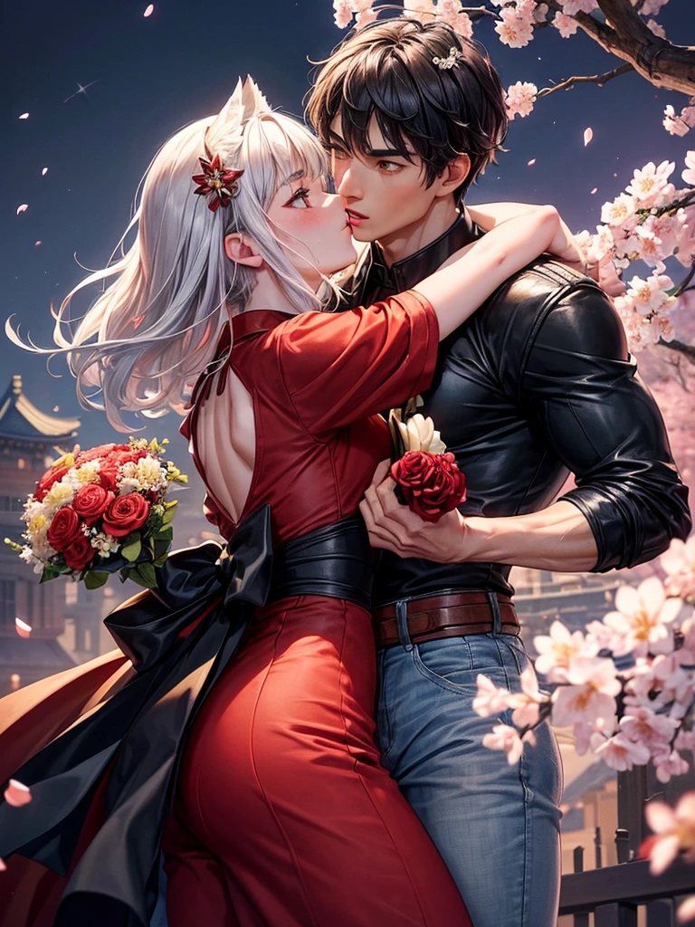 Young man, muscular, attractive, short hair, graffitied flequillos, military court, yellow eyes, handsome, wears a bright red jacket, jeans negros, (hugging a beautiful young woman, about to kiss her, She is young, beautiful, well proportioned, long gray hair, big brown eyes, caramelized, Red lips, blushing cheeks, white foot, small nose, wear a bouquet of cherry blossoms in your hair, wear a beautiful dress, black with red details, eastern court) in the background an elegant Japanese castle, a dark sky, stars and a full moon, a cherry blossom tree on the right side and petals flying in the wind.