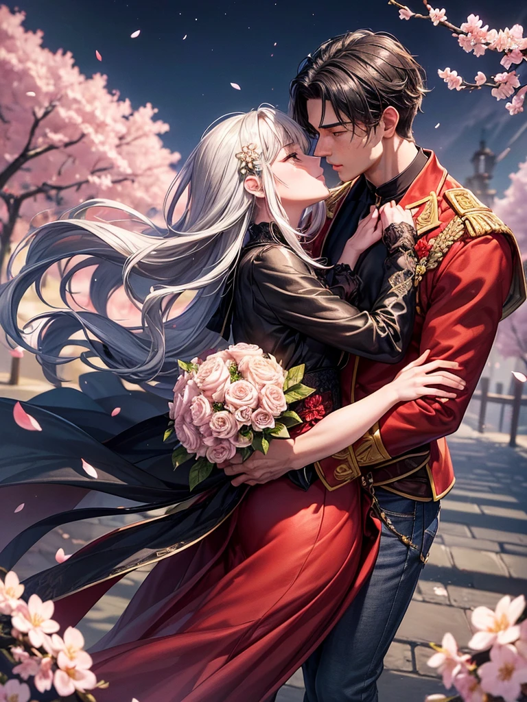 Young man, muscular, attractive, short hair, graffitied flequillos, military court, yellow eyes, handsome, wears a bright red jacket, jeans negros, (hugging a beautiful young woman, about to kiss her, She is young, beautiful, well proportioned, long gray hair, big brown eyes, caramelized, Red lips, blushing cheeks, white foot, small nose, wear a bouquet of cherry blossoms in your hair, wear a beautiful dress, black with red details, eastern court) in the background an elegant Japanese castle, a dark sky, stars and a full moon, a cherry blossom tree on the right side and petals flying in the wind.
