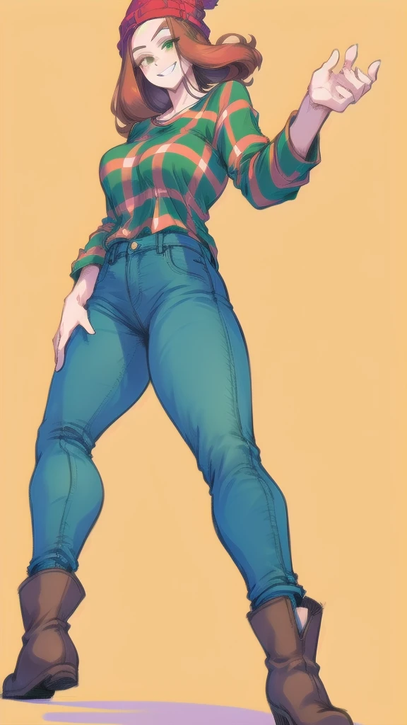 Full body image of Wendy from Gravity Falls, full body in image, wearing her original outfit (green plaid shirt, dark jeans, and brown boots), long red hair with a beanie, female body, tall and slender body, dynamic pose, detailed pose, simple background, expressive face showing a laid-back smile, focus on face, line art, sketch