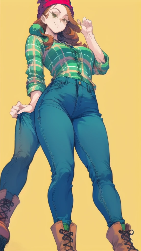 Full body image of Wendy from Gravity Falls, full body in image, wearing her original outfit (green plaid shirt, dark jeans, and brown boots), long red hair with a beanie, female body, tall and slender body, dynamic pose, detailed pose, simple background, expressive face showing a laid-back smile, focus on face, line art, sketch