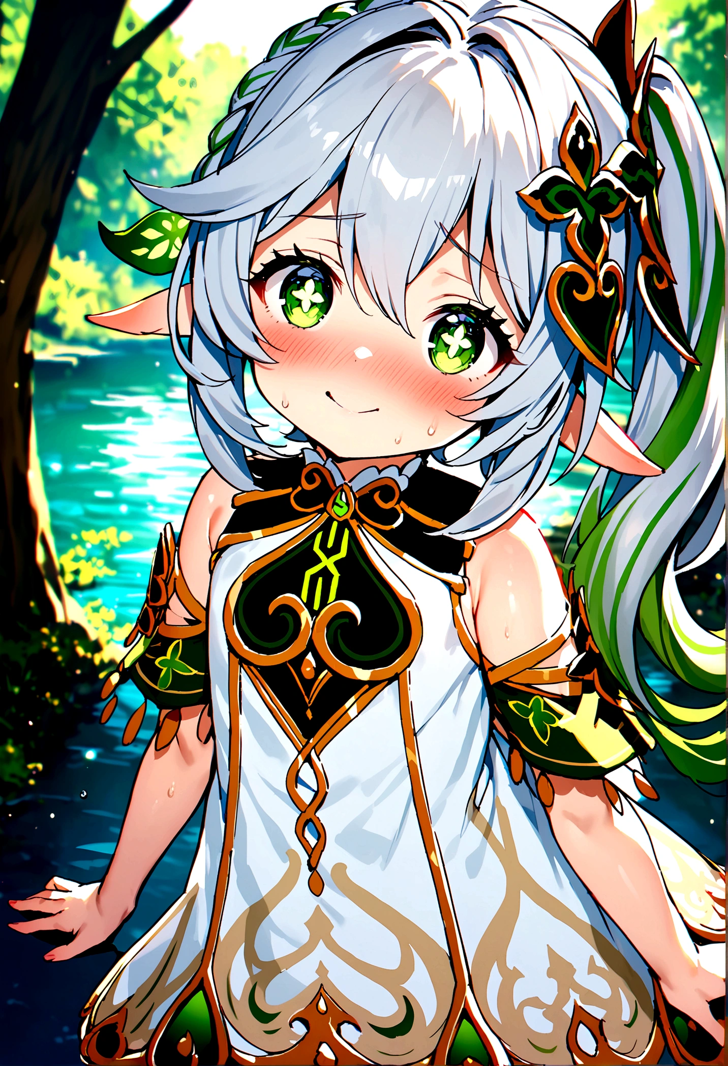 NSFW,masterpiece,Highest quality,High resolution,Super detailed,Nahida \(genshin impact\)、Green Eyes、dress、白いdress、Pointed Ears、Cruciform pupil、Symbol-shaped pupil、+ +、Side Ponytail、Long Hair、White Hair、Multicolored Hair、hair ornaments,blush,Expecting face,Be nervous,smile,in the forest,lake