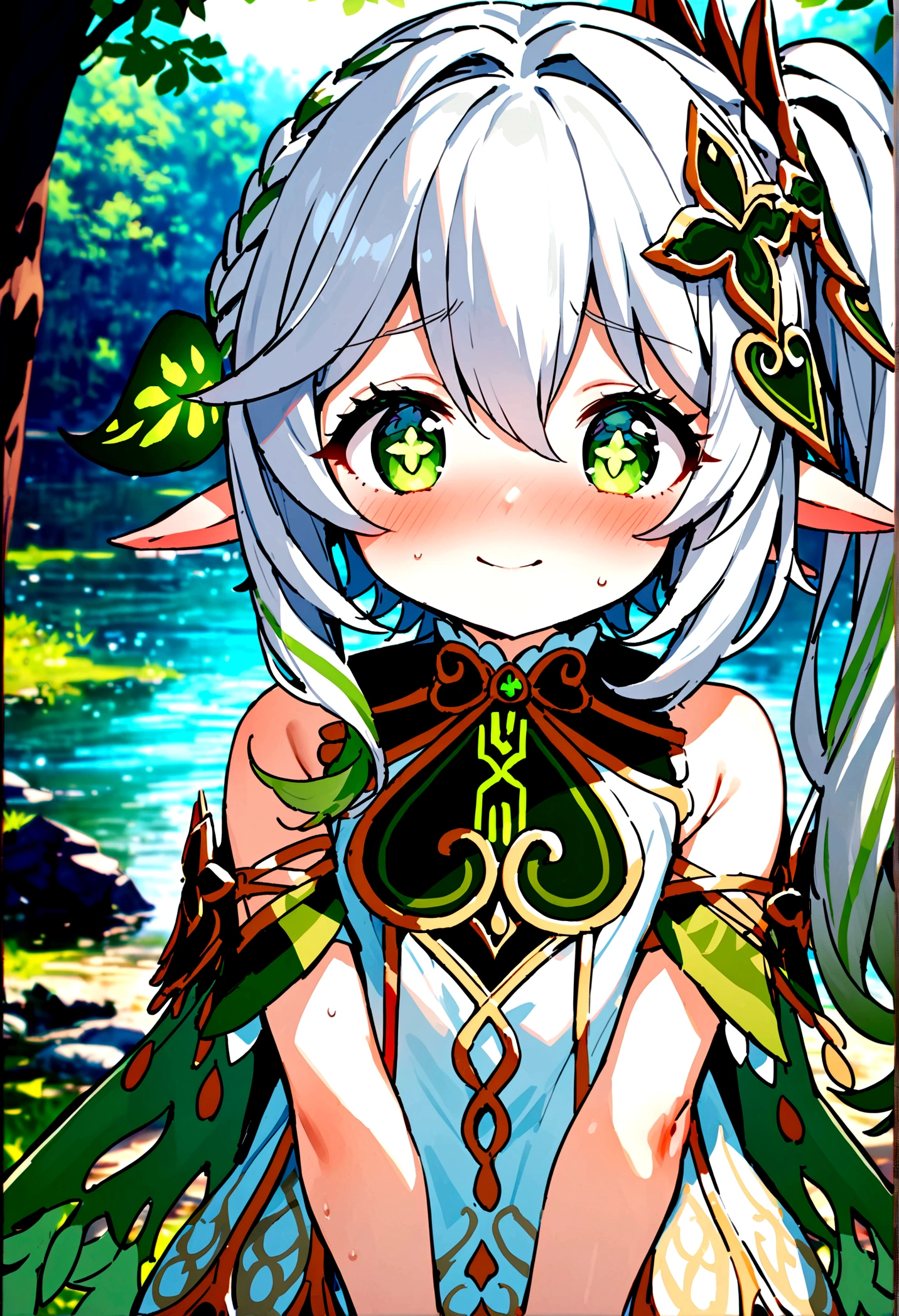 NSFW,masterpiece,Highest quality,High resolution,Super detailed,Nahida \(genshin impact\)、Green Eyes、dress、白いdress、Pointed Ears、Cruciform pupil、Symbol-shaped pupil、+ +、Side Ponytail、Long Hair、White Hair、Multicolored Hair、hair ornaments,blush,Expecting face,Be nervous,smile,in the forest,lake