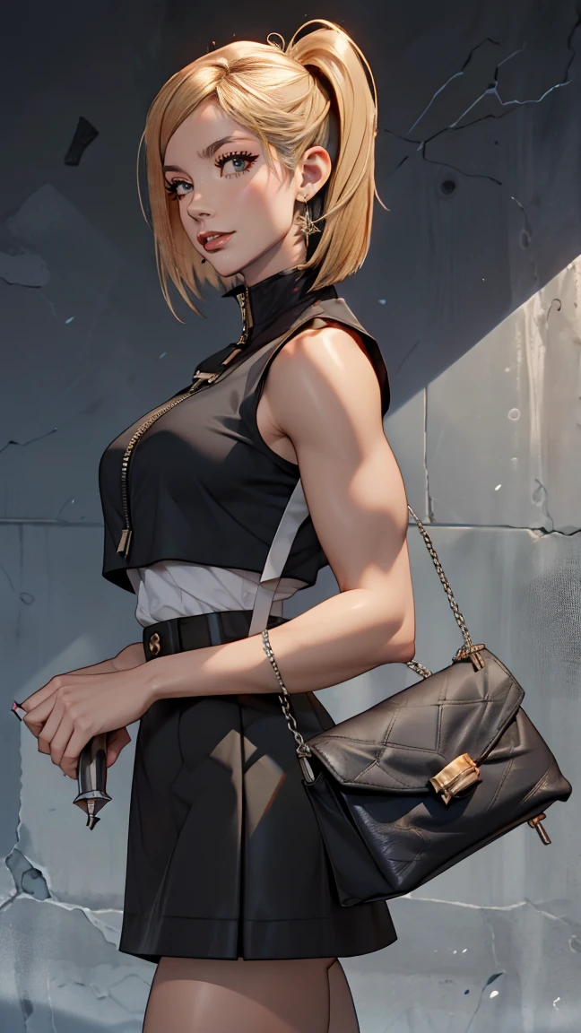 26 year old Caucasian female、Wear a black sleeveless zipper-up top、Navel visible、Lower milk visible、Wear a low-rise black mini skirt、Wear stiletto heels、Have a clutch bag、Side Tail((side drill))、Silver Hair、smile、Skyscraper background、Dark blue eyes