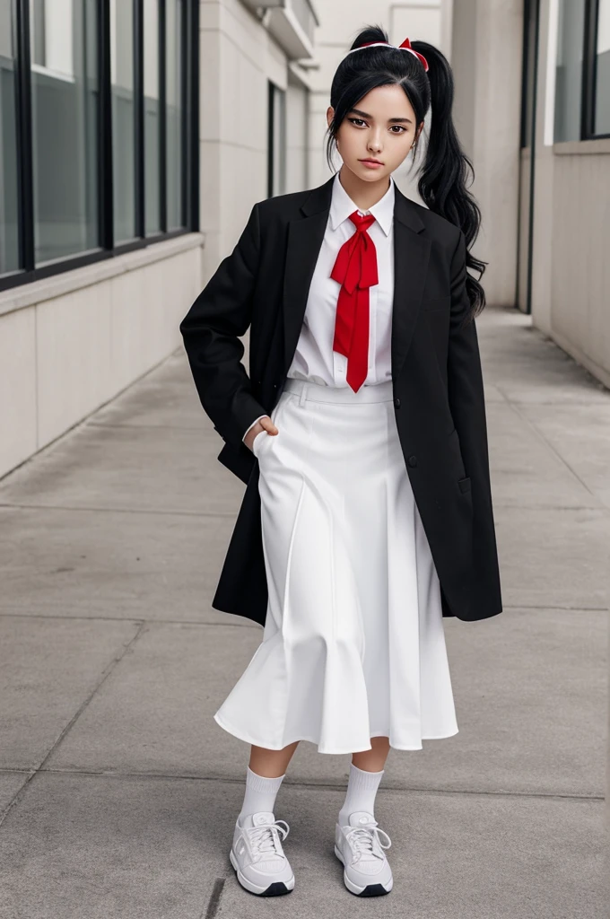 draw a picture of a girl with black hair tied up in a ponytail with a large ribbon with a red clip in her hair and part of it covering one eye a black school suit and the collar of a white shirt underneath with a long skirt gray socks and white anime style sneakers