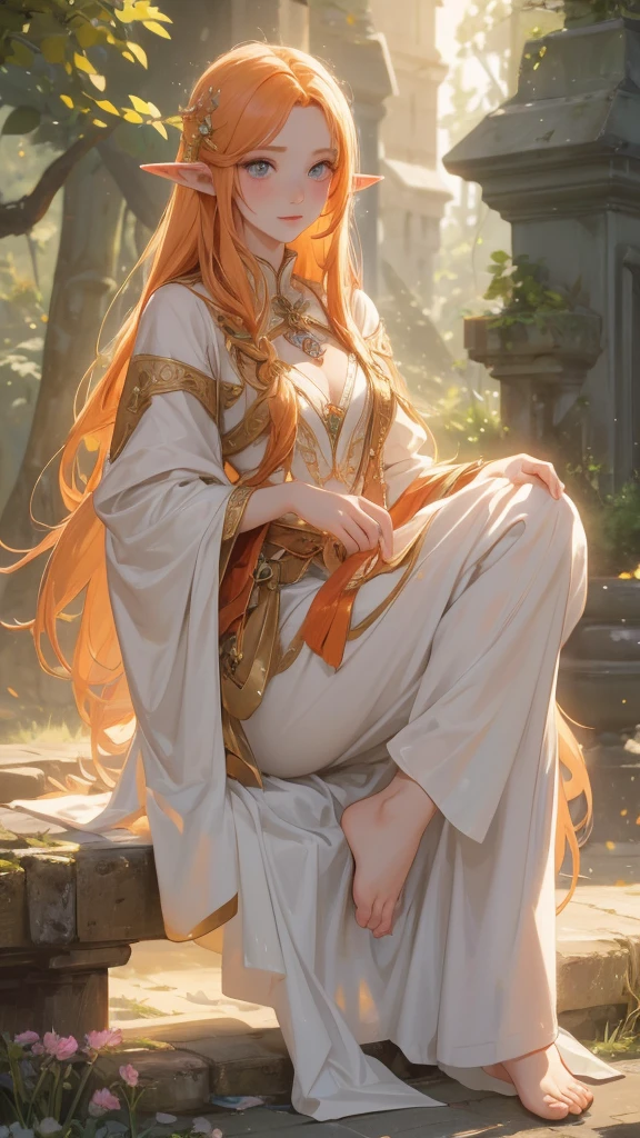 work of art, mythical effects, best resolution, ultra epic details, No defects, best result. better rendering, waifu fiery hair, ( BEAUTIFUL ELF ), ( honey-colored eyes ) pale skin, blushed face, bare feet, wearing medieval clothing,  Nature in the background, gazing at viewer, determination position, (happy expression