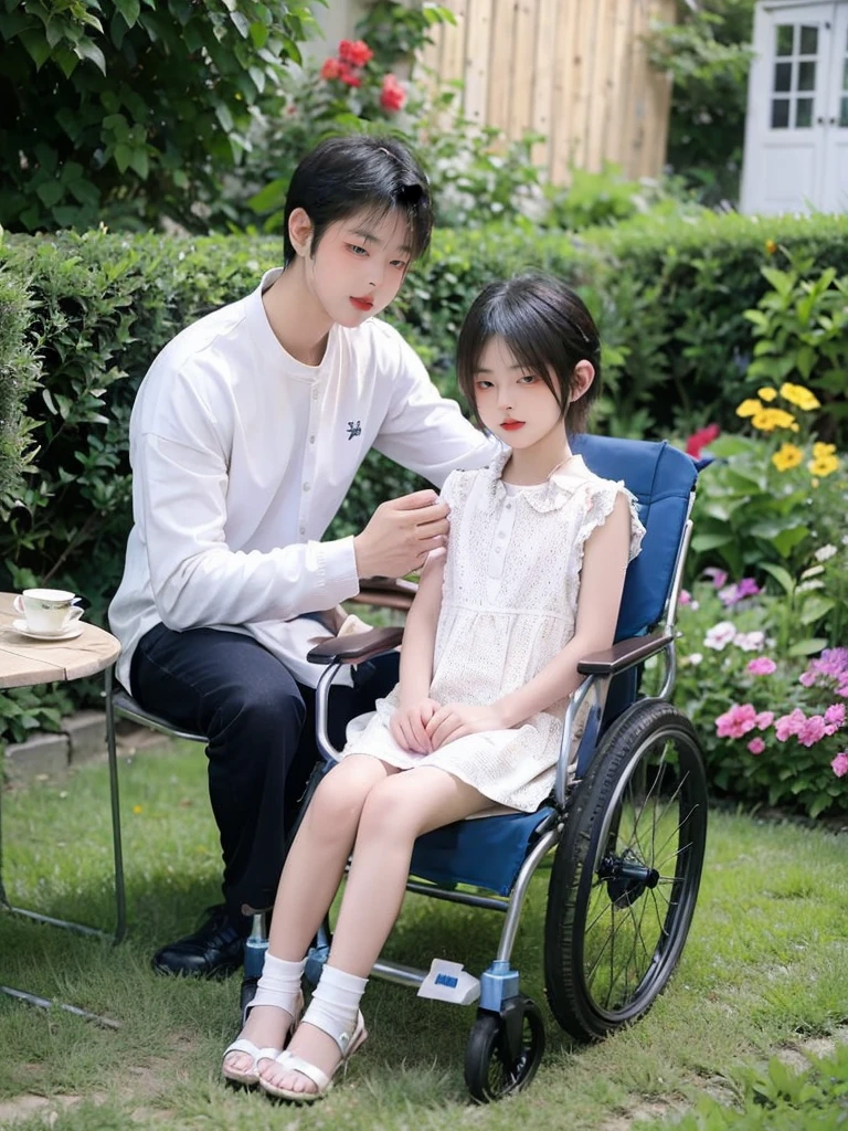 The camera slowly zooms out to reveal a family scene, showing mom with wheels chair and 6 years old boy happily living together, afternoon in the garden