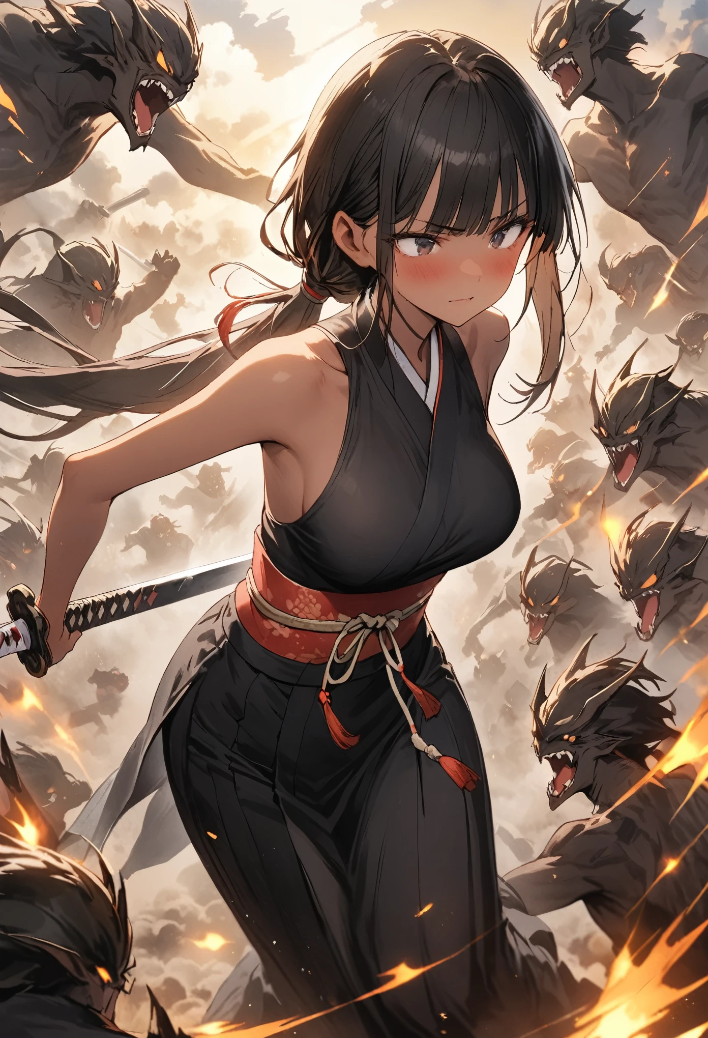 Action Scenes、(A woman fighting countless monsters),((masterpiece,Highest quality:1.3,best quality illustration)), 独奏,1woman,(Mature Japan beauties)、black hair,(low ponytail hair style),long hair,blunt bangs,black eyes,gorgeous eyes,((very small head:1.3)),blush,Serious expression,((very long body:1.2)),medium breasts,(tan skin), (gleaming skin,toned body,slender body, skinny),(Female Ninja Costume、A simple, patternless black kimono、Black Hakama,Holding a precisely rendered Japanese sword),fly、rooftop of high-rise building、Moonlit Night、Tokyo、