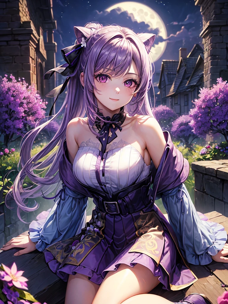 ((HDR , masterpiece , high quality , ultra details , best quality)) , cute adult girl , purple eyes , purple hair , sitting in garden ,nice position , ((purple flowers)) ,purple butterfly flying , ribbon on neck , skirt , off shoulder t-shirt , nice breast , ((night with full moon )), soft light , smile
