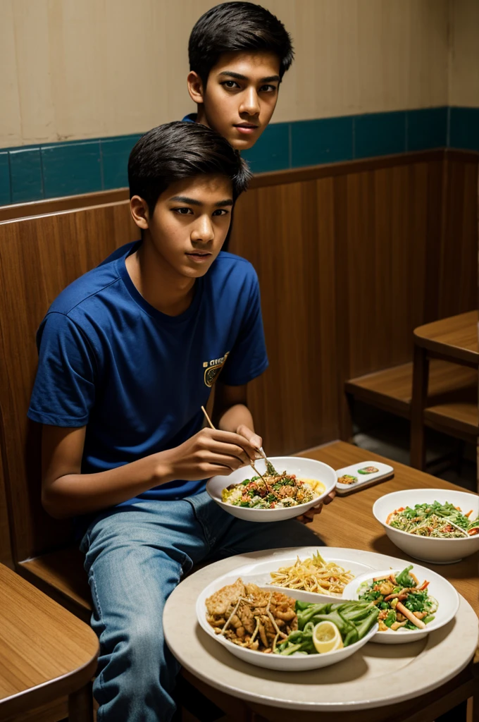 Create a an realistic photo of a 10th grader boy who is handsome and tall with a nationality of a Filipino and Indonesia sitting and eating his food