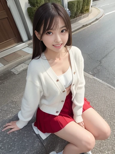 Japanese female, a lot of details, (underweight), 30 years old, detailed black hair, beautiful detailed hair, super fucking beautiful, delicate beautiful face, complex details beautiful and delicate eyes, perfect hands, (flat chest best quality:1.5), perfect and delicate limbs, detailed skin, best quality, ultra-detailed,(cheerful grin:1.5),
house, waving at the camera, looking at viewer, medium hair, (white blouse), (red cardigan), (green skirt), japanese, outside, sitting, (sit with one leg up:1.1), (full body shot:1.2), front view, ground-level shot