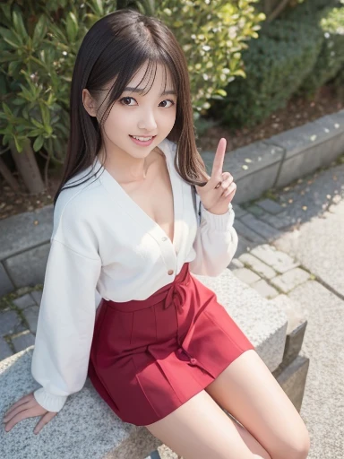 Japanese female, a lot of details, (underweight), 30 years old, detailed black hair, beautiful detailed hair, super fucking beautiful, delicate beautiful face, complex details beautiful and delicate eyes, perfect hands, (flat chest best quality:1.5), perfect and delicate limbs, detailed skin, best quality, ultra-detailed,(cheerful grin:1.5),
house, waving at the camera, looking at viewer, medium hair, (white blouse), (red cardigan), (green skirt), japanese, outside, sitting, (sit with one leg up:1.1), (full body shot:1.2), front view, ground-level shot