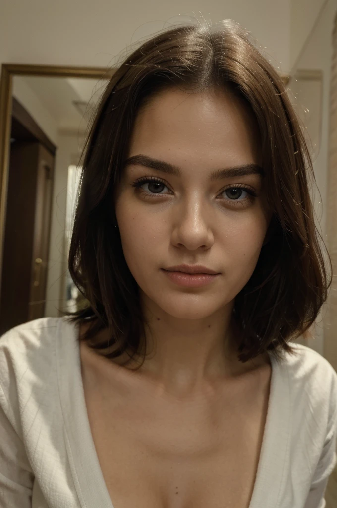 ((night, Realistic light, Best quality, 8K, masterpiece: 1.3)), 1 girl, Slim beauty: 1.4, Press: 1.1, (Brown hair, medium breast: 1.3), Long pink sweater: 1.1, living room, Super lovely face, tender eyes, double eyelids, smile, necklace,