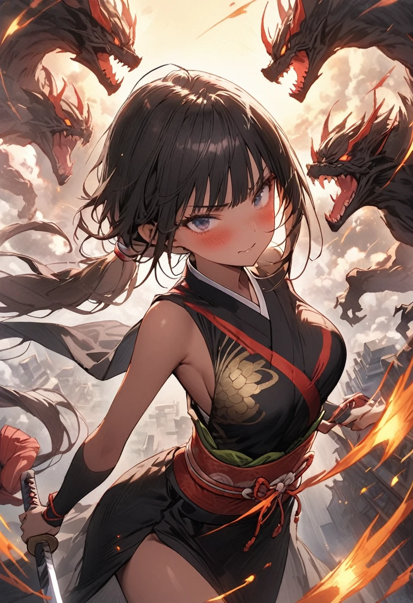 Action Scenes、(A woman fighting countless monsters),((masterpiece,Highest quality:1.3,best quality illustration)), 独奏,1woman,(Mature Japan beauties)、black hair,(low ponytail hair style),long hair,blunt bangs,black eyes,gorgeous eyes,((very small head:1.3)),blush,Serious expression,((very long body:1.2)),medium breasts,(tan skin), (gleaming skin,toned body,slender body, skinny),(Female Ninja Costume、A simple, patternless black kimono、、Black ide slits,Ninjutsu to make monsters explode),fly、rooftop of high-rise building、Moonlit Night、Tokyo、