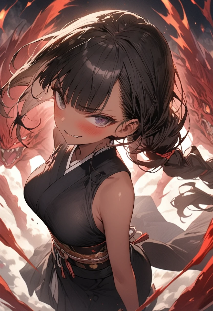 Action Scenes、(A woman fighting countless monsters),((masterpiece,Highest quality:1.3,best quality illustration)), 独奏,1woman,(Mature Japan beauties)、black hair,(low ponytail hair style),long hair,blunt bangs,black eyes,gorgeous eyes,((very small head:1.3)),blush,Serious expression,((very long body:1.2)),medium breasts,(tan skin), (gleaming skin,toned body,slender body, skinny),(Female Ninja Costume、A simple, patternless black kimono、、Black Skirt、Side slits,Holding a precisely rendered Japanese sword),fly、rooftop of high-rise building、Moonlit Night、Tokyo、