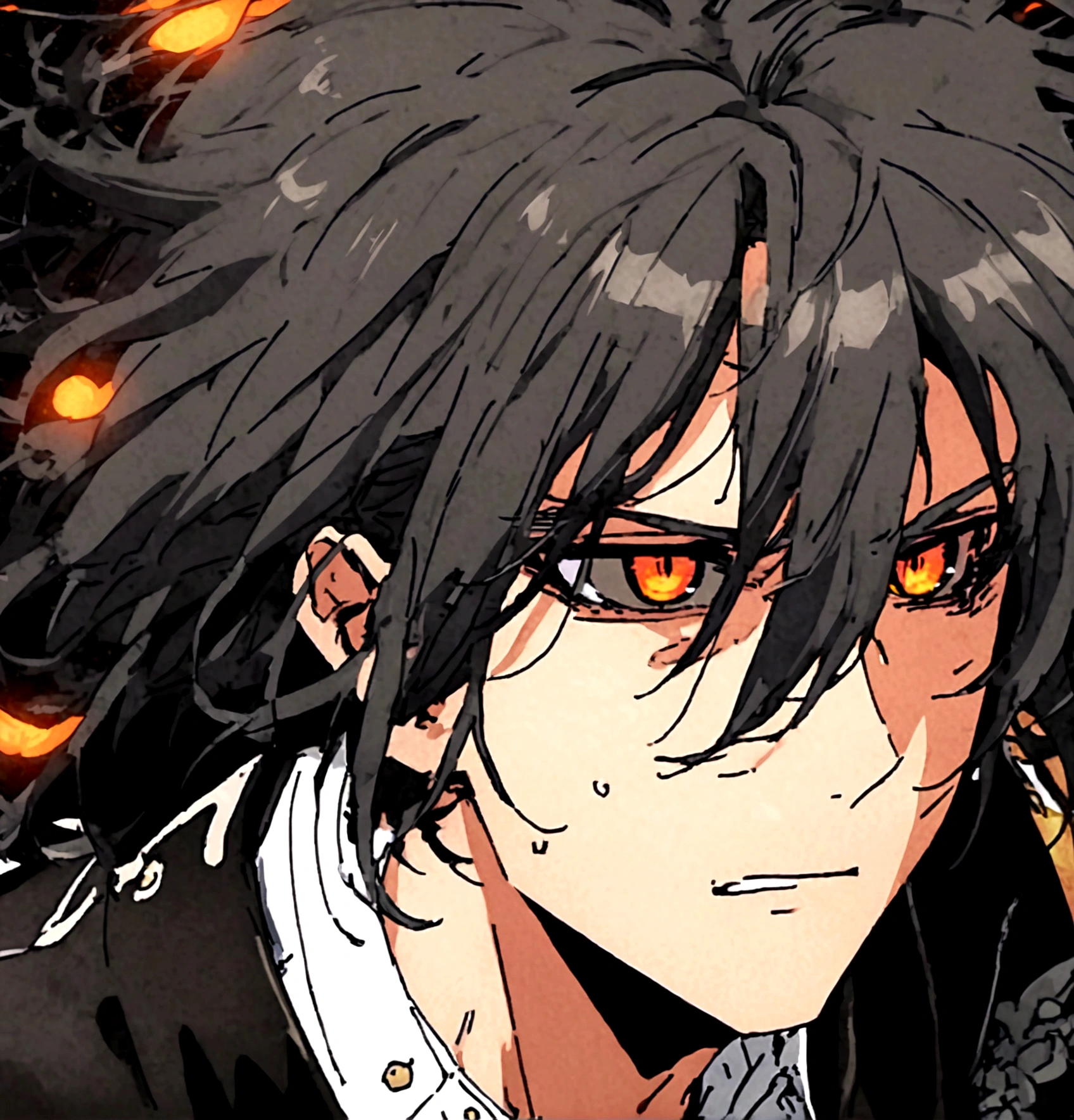 Anime man, orange glowing iris, grey sclera, black messy hair, tired eyes, cold-hearted face expression, black vest suit, men white dress shirt, black scarf