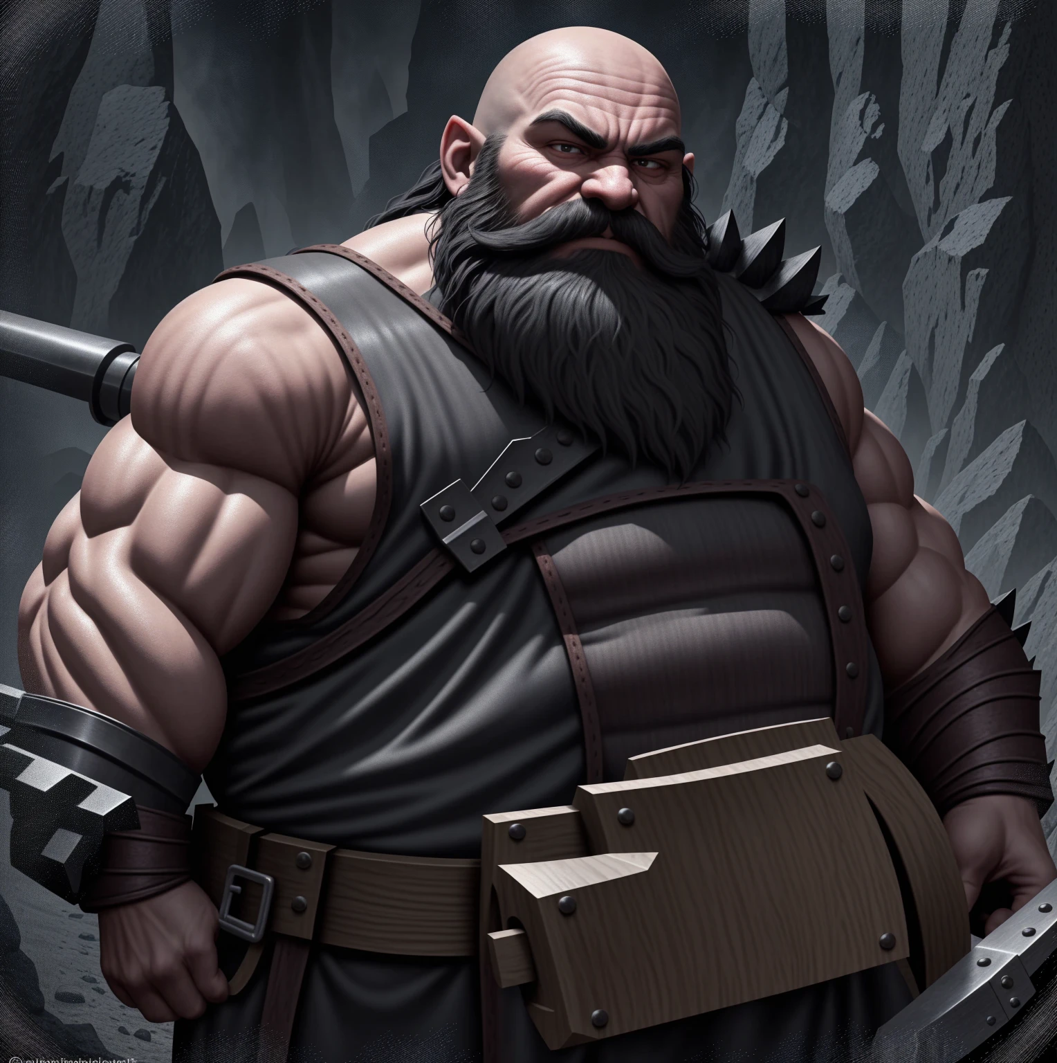 a very strong fantasy dwarf, sooty skin, long and thick beard and mustache, bald, very stout, steely eyes, ugly face, very muscular, wearing sleeveless leather armor, armor spikes, gruff expression, holding a large maul hammer, wearing a tool belt, in a dark cave illuminated by a lantern, piercing gaze,