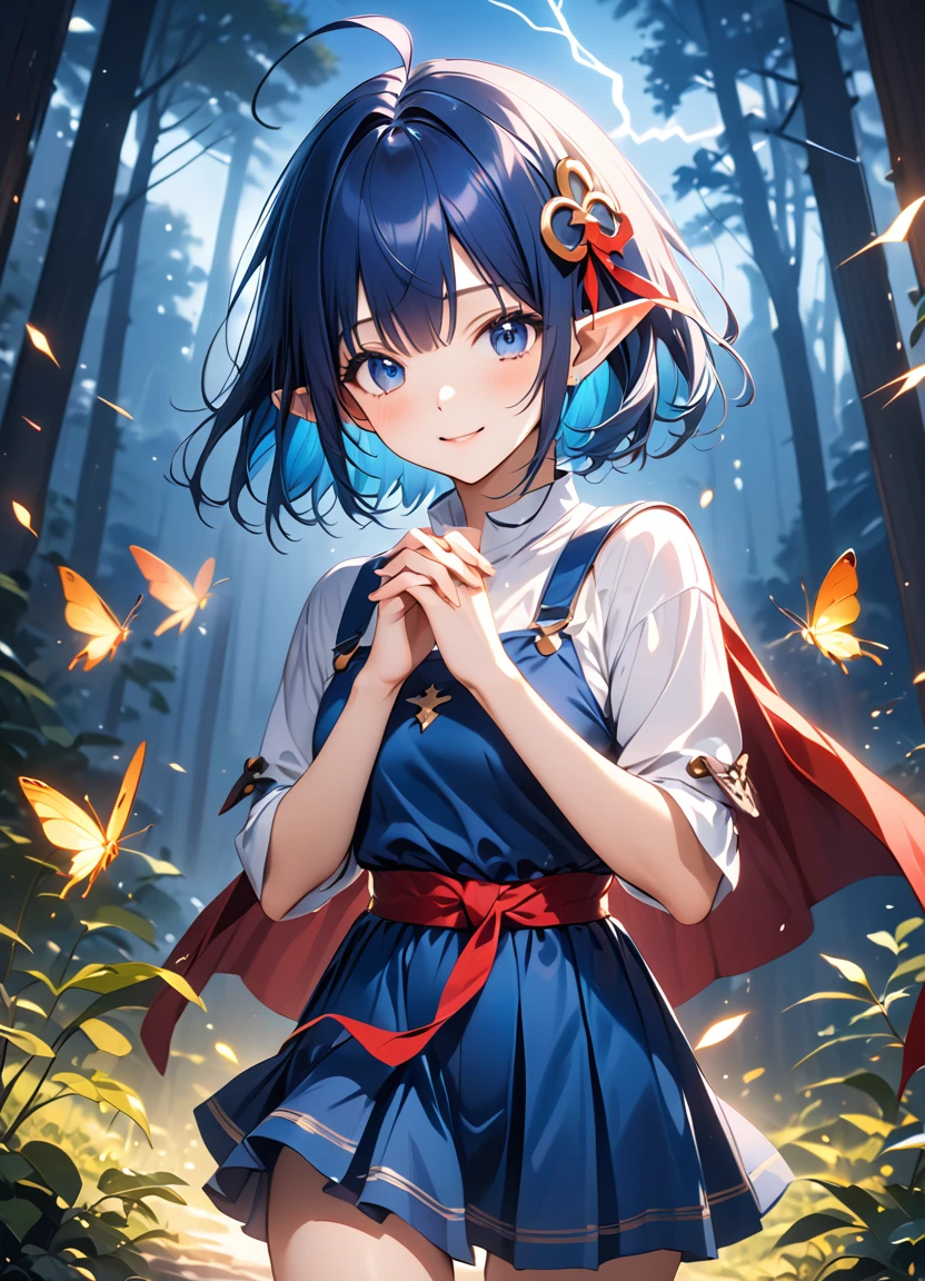 1girl, RENA LANFORD, 1GIRL, AHOGE, BLUE HAIR, SHORT HAIR, BLUE EYES, POINTY EARS CRESCENT HAIR ORNAMENT, RED CAPE, BLUE VEST, LEATHER ARMOR, RED RIBBON, WAIST RIBBON, BLUE SKIRT, MINISKIRT, SHOES, BREAK kawaii, smile, cowboy shot, own hands clasped, forest, night, lightning bug, light particle, BREAK detailed face, smooth skin, cinematic lighting, volumetric shadow, BREAK anime style, score_9, score_8_up, score_7_up, (masterpiece:1.2), (best quality:1.2), (very aesthetic:1.2), (absurdres:1.2), (detailed background), newest, (intricate:1.2), ai-generated, BREAK