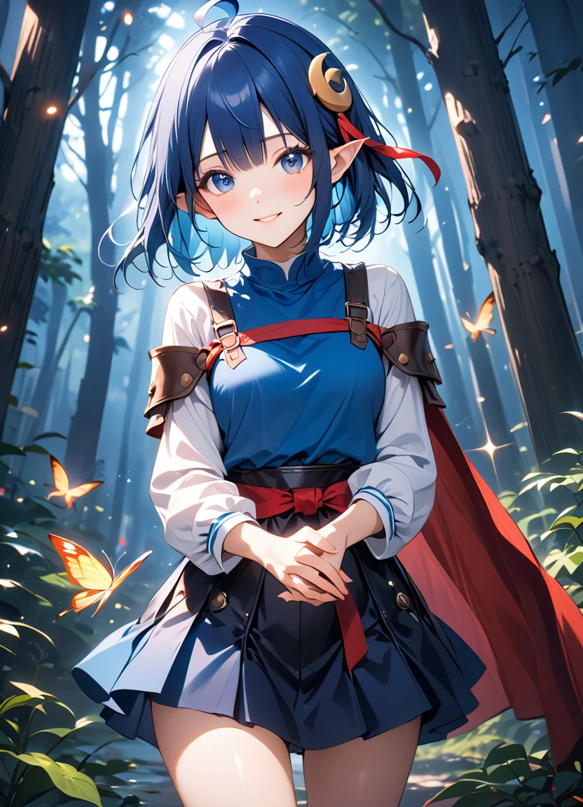 1girl, RENA LANFORD, 1GIRL, AHOGE, BLUE HAIR, SHORT HAIR, BLUE EYES, POINTY EARS CRESCENT HAIR ORNAMENT, RED CAPE, BLUE VEST, LEATHER ARMOR, RED RIBBON, WAIST RIBBON, BLUE SKIRT, MINISKIRT, SHOES, BREAK kawaii, smile, cowboy shot, own hands clasped, forest, night, lightning bug, light particle, BREAK detailed face, smooth skin, cinematic lighting, volumetric shadow, BREAK anime style, score_9, score_8_up, score_7_up, (masterpiece:1.2), (best quality:1.2), (very aesthetic:1.2), (absurdres:1.2), (detailed background), newest, (intricate:1.2), ai-generated, BREAK