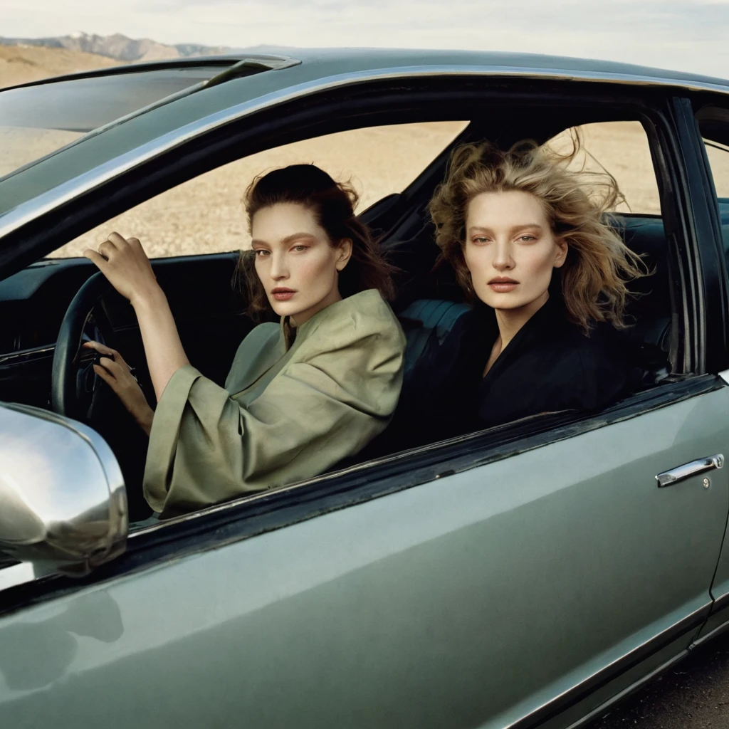 Driving a car, fashion photoshoot, photographed by Annie Leibovitz