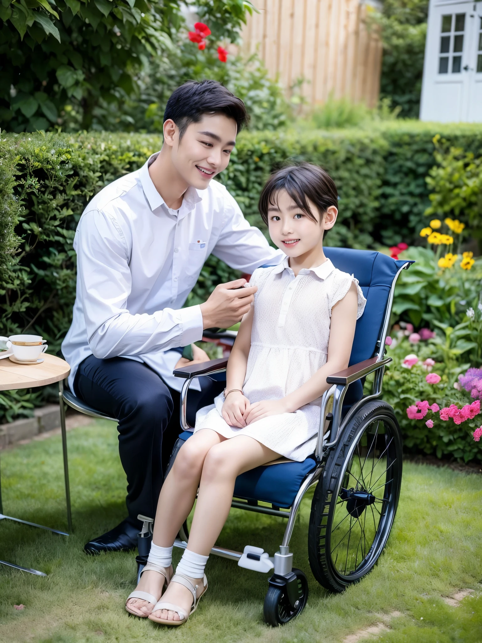 The camera slowly zooms out to reveal a family scene, showing mom with wheels chair and 6 years old boy happily living together, afternoon in the garden