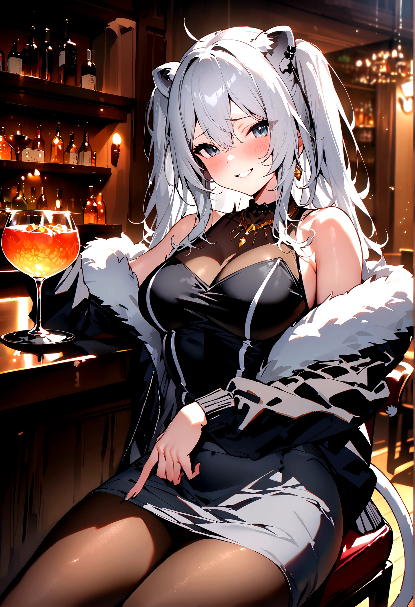 NSFW,masterpiece,Highest quality,High resolution,Super detailed,Shishirabotan\(Hololive\),Long Hair、Two Side Up、Earrings、Lion's Tail,necklace、Black Shirt、Sleeveless shirt、abdomen、See-through、Grey Skirt、片足pantyhose、pantyhose、fur-trimmed jacket、Black jacket、Off the shoulder,(Bewitching Smile),blush,Luxurious Room,pub,counter,chair,Cocktail Glass,(Drunk),(Intoxication),Sitting in a chair,heart,Sexy pose,Panty shot