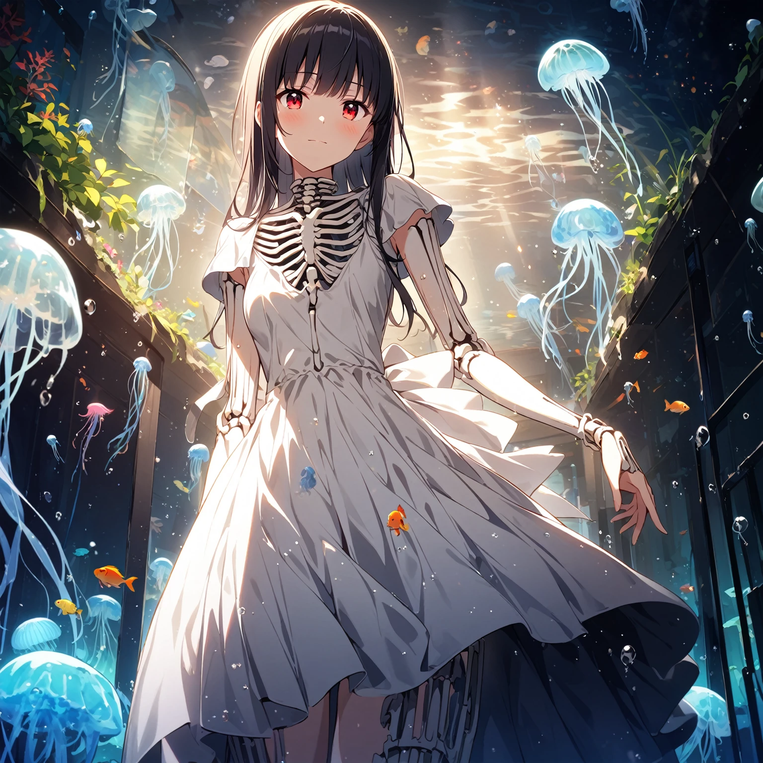 1girl、Black Hair、Red eyes、Skeleton Body、Vinyl Dresses、Blue jellyfish、aquarium、deep faint light 、 detailed CG、high resolution