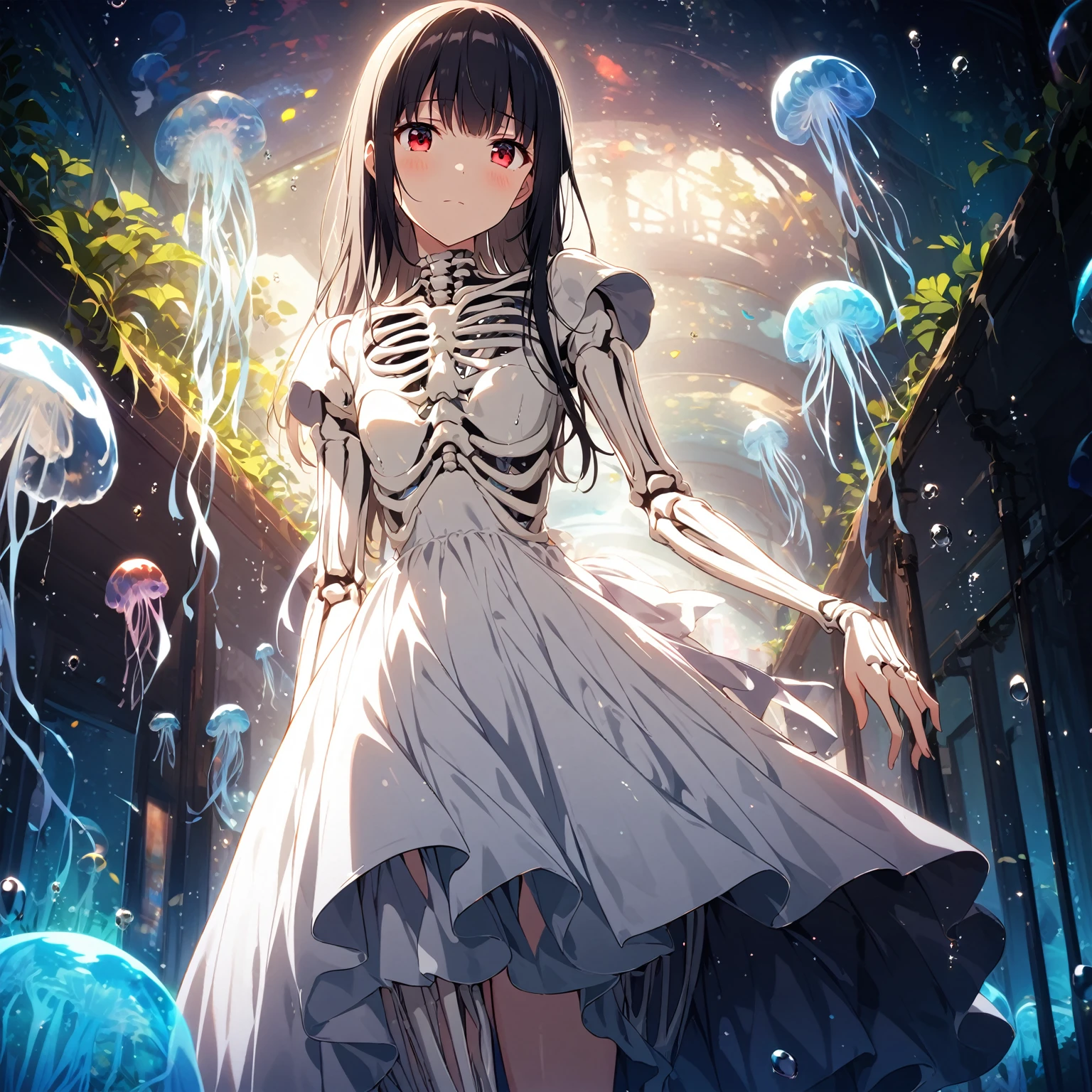 1girl、Black Hair、Red eyes、Skeleton Body、Vinyl Dresses、Blue jellyfish、aquarium、deep faint light 、 detailed CG、high resolution