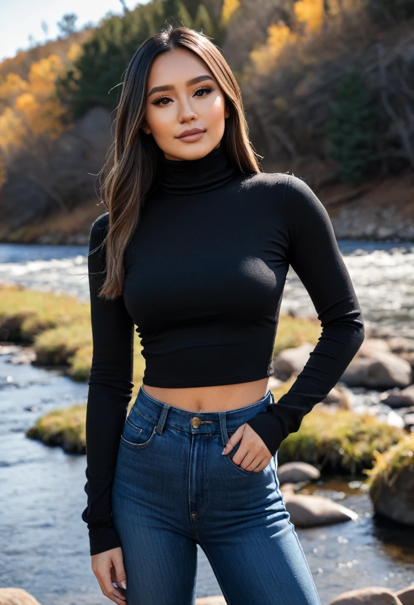 arafed woman in black top and jeans standing by a river, black top, wearing a sexy cropped top, black turtleneck, wearing a cute top, kailee mandel, black turtle neck shirt, tight shirt, wearing turtleneck, wearing tight shirt, black sweater, 2 4 year old female model, crop top, pokimane
