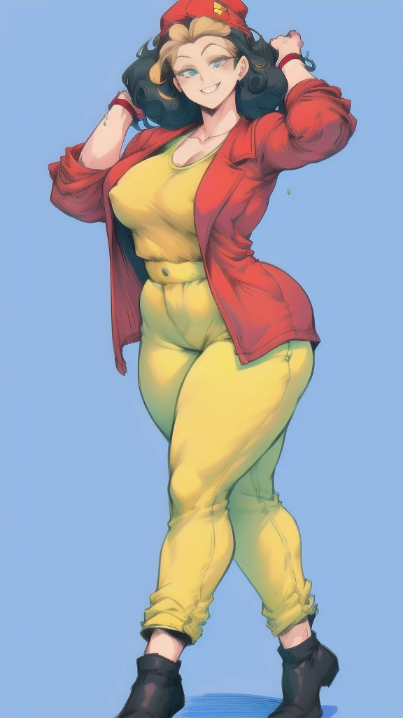 Full body image of a female version of Eric Cartman (black) from South Park, full body in image, wearing a red jacket, yellow hat, and blue pants, short curly brown hair, female body, curvy and stocky body, dynamic pose, detailed pose, simple background, expressive face showing a mischievous smile, focus on face, line art, sketch