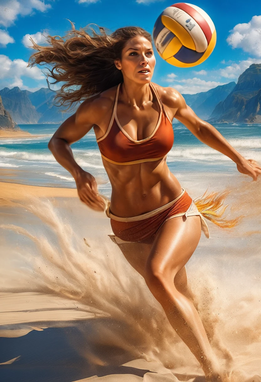 a sports picture best quality of a cave woman playing volleyball at the beach at the stone age, an extraordinary beautiful cave woman wearing animal fur playing volleyball at the beach, there is (mammoth: 1.2) watching her play, stone age volley ball beach background, its sunny day, sun rays, ltra-high resolution, High Contrast, (masterpiece:1.5), highest quality, Best aesthetics), best details, best quality, highres, 16k, [ultra detailed], masterpiece, best quality, (extremely detailed), Cinematic Hollywood Film,