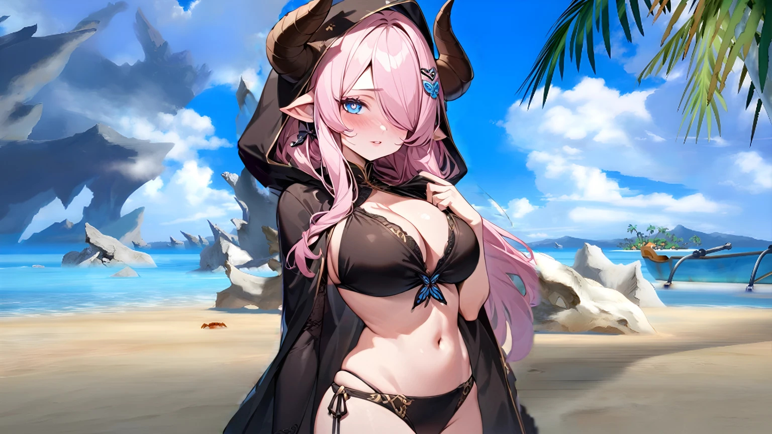 Vibrant, high-definition anime-style illustration set on a tropical beach. The layout features a central female character, Narmaya, with long pink hair, partially covered by a hooded cloak adorned with brown horns. She has fair skin, large expressive blue eyes and pink pupils, and a small blue butterfly hair clip. One eye is covered by her hair. The character is wearing a revealing black bikini with gold accents, and her hands are holding the edges of her cloak. The background showcases a pristine beach with white sand, lush green foliage, and tall palm trees. The clear blue sky and turquoise ocean complete the idyllic setting, with distant islands visible on the horizon. Narmaya and her attire are meticulously detailed. The intense effort put into shading brings this image to a realistic style. Gorgeous vibrant colors draw the eye. Narmaya's suggestive stance brings the viewers focus to her large and perfectly shaped breasts.
(masterpiece), best quality, expressive eyes, perfect face, suggestive pose, purple and pink background, seductive, fantasy, 8k, absurdres, narmaya, pink hair, blue eye with pink pupil, hair over eye, draph, horns, butterfly hair clip, black bikini, hood, defined hands, perfect hands, perfect fingers,