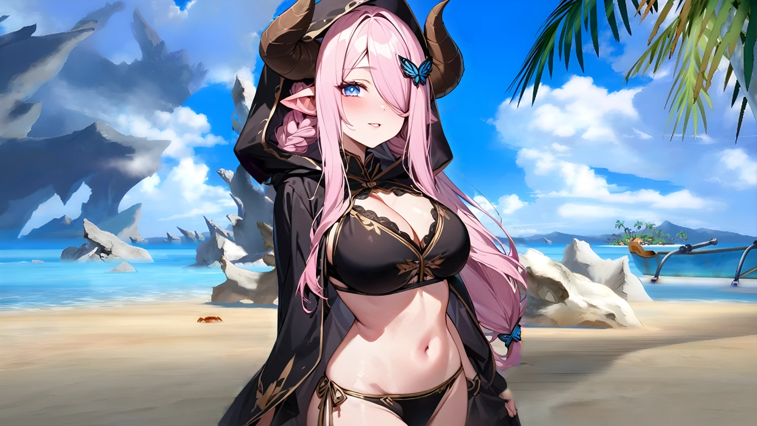 Vibrant, high-definition anime-style illustration set on a tropical beach. The layout features a central female character, Narmaya, with long pink hair, partially covered by a hooded cloak adorned with brown horns. She has fair skin, large expressive blue eyes and pink pupils, and a small blue butterfly hair clip. One eye is covered by her hair. The character is wearing a revealing black bikini with gold accents, and her hands are holding the edges of her cloak. The background showcases a pristine beach with white sand, lush green foliage, and tall palm trees. The clear blue sky and turquoise ocean complete the idyllic setting, with distant islands visible on the horizon. Narmaya and her attire are meticulously detailed. The intense effort put into shading brings this image to a realistic style. Gorgeous vibrant colors draw the eye. Narmaya's suggestive stance brings the viewers focus to her large and perfectly shaped breasts.

(masterpiece), best quality, expressive eyes, perfect face, suggestive pose, purple and pink background, seductive, fantasy, 8k, absurdres, narmaya, pink hair, blue eye with pink pupil, hair over eye, draph, horns, butterfly hair clip, black bikini, hood, defined hands, perfect hands, perfect fingers,