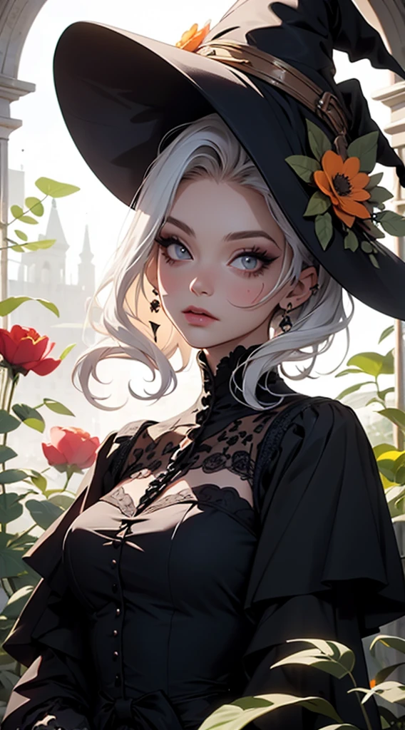 Woman in elegant Victorian dress, flowers on her head, orange flowers in the background, skull makeup, round black eye makeup, large flowers drawn on her forehead, white skin, witch, witch’s hat, 