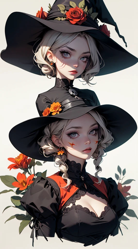 Woman in elegant Victorian dress, flowers on her head, orange flowers in the background, skull makeup, round black eye makeup, large flowers drawn on her forehead, white skin, witch, witch’s hat, 