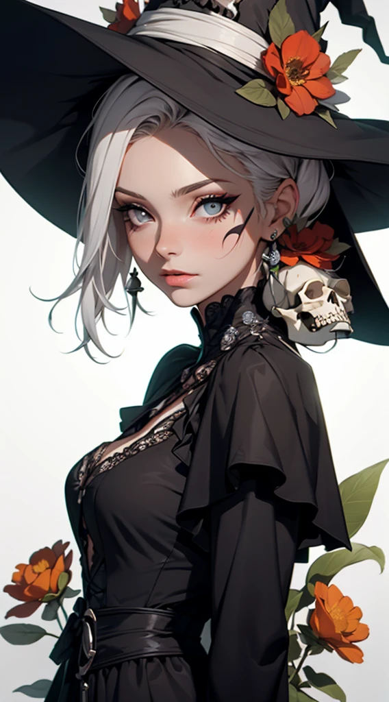 Woman in elegant Victorian dress, flowers on her head, orange flowers in the background, skull makeup, round black eye makeup, large flowers drawn on her forehead, white skin, witch, witch’s hat, 