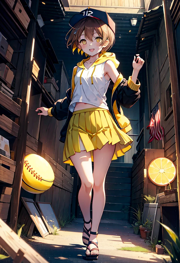 Rin Hoshizora (Yellow Eyes:1.5), Hair between the eyes, Brown Hair,Short Hair,blush,happy smile, smile, Open your mouth,Baseball hats,Oversized sleeveless hoodie,Long skirt,Cute Sandals,Daytime,Clear skies,Walking,whole bodyがイラストに入るように, break looking at viewer, whole body break outdoors, Building district, break (masterpiece:1.2), Highest quality, High resolution, unity 8k wallpaper, (figure:0.8), (Beautiful attention to detail:1.6), Highly detailed face, Perfect lighting, Highly detailed CG, (Perfect hands, Perfect Anatomy),