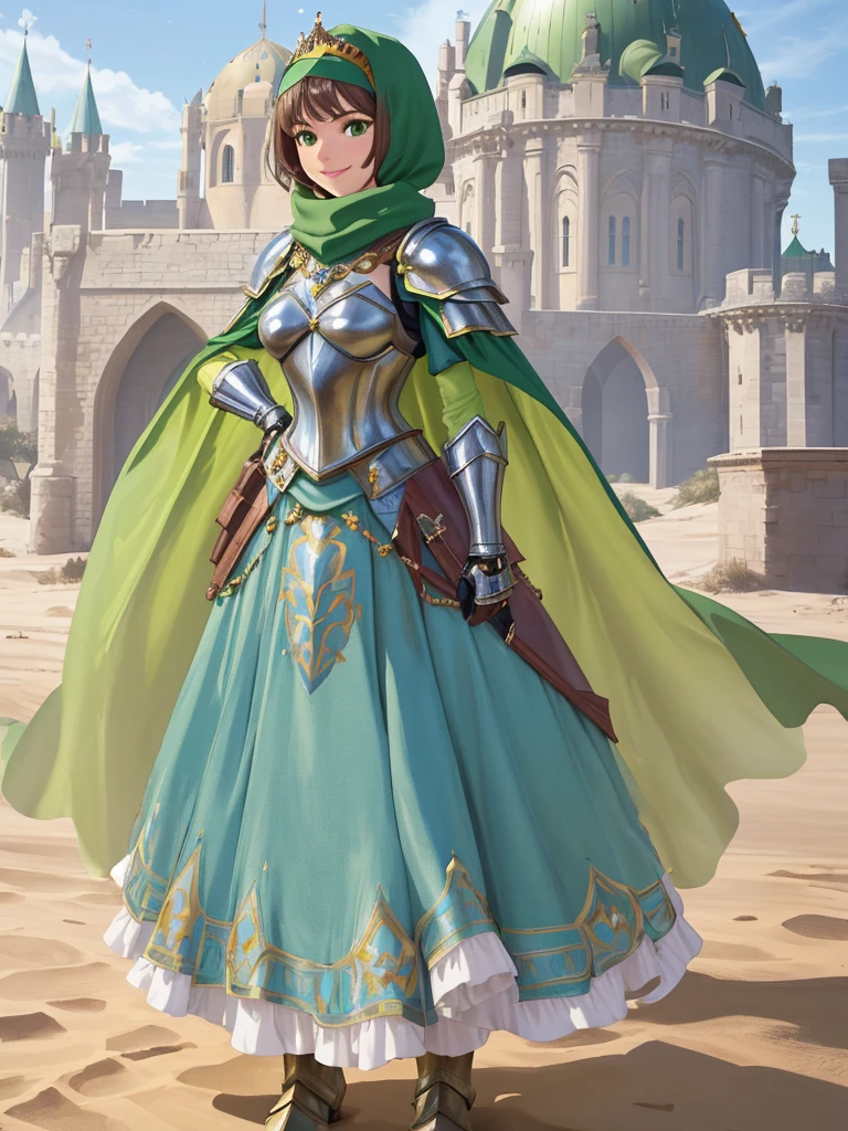 masterpiece, best quality:1.2), 1girl, smile, looking at viewer, green eyes, short brown hair, princess, armor, blue hijab headscarf, pauldrons, armored dress, green cloak cape, wearing puffy blue ballgown skirt, golden tiara with green gem, armored boots, fingerless gloves, standing in front of desert castle