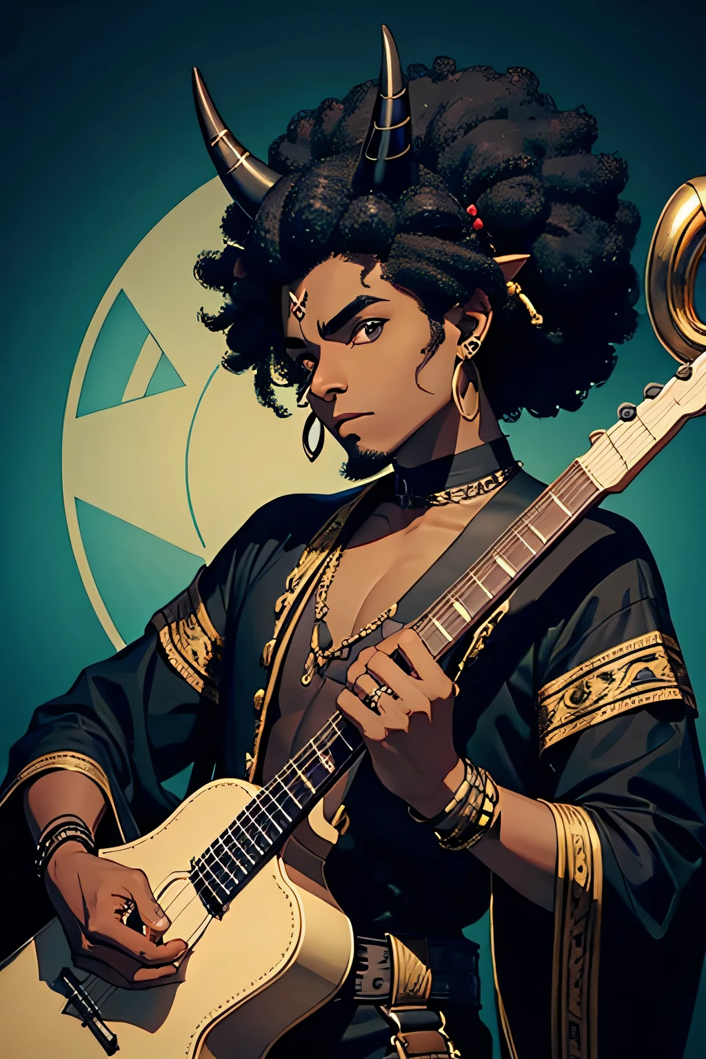 black man dark skin black hair with horns in head with face piercings with afro playing a lyre as a bard cartoon style