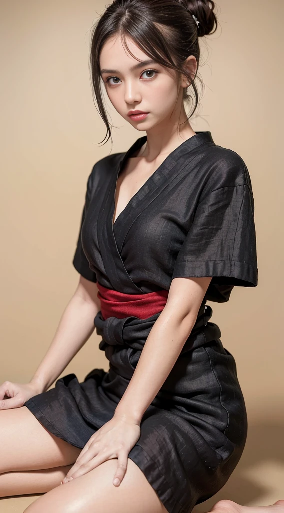 ((Highest quality, 8K, masterpiece :1.3)),  Photorealistic，(Cinema Lighting)，Facial detail texture. Eye details. double eyelid, Slender body. Very small breasts, Sexy clavicle，Very cute 12 year old girl, Photorealistic:1.37，Perfect Eyes, ((A girl wearing a black yukata))、(Ultra-thin fabric:1.2)，((Tattered Linen))，With figure，Brunette color hair，Hair Bun，，barefoot，Like the whole body，Short sleeve，Ultra micro mini skirt，Exposing thighs，fold，((Plain background))，I&#39;m shy，Make your face bright red、No underwear、Super detailed shaved pussy、No makeup、Super clear、Ultra detailed nipples