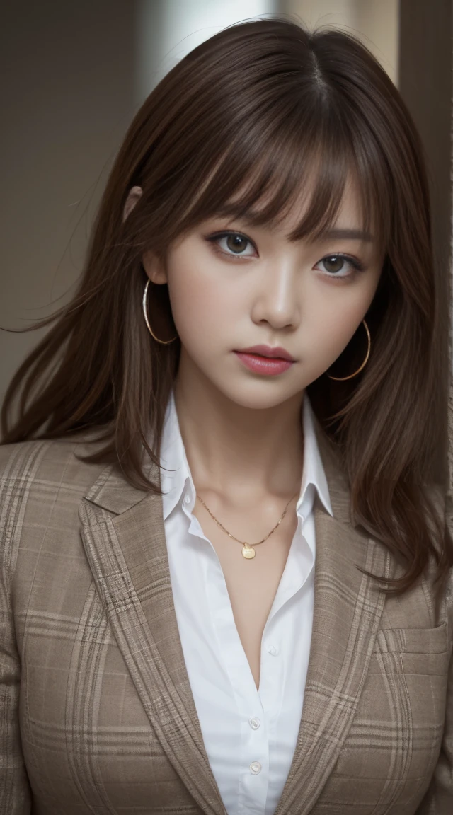 Tabletop, Highest quality, figure, Super detailed, In detail, High resolution, 8k wallpaper, Perfect dynamic composition, Age35,Beautiful attention to detail,  Natural Lip,blazer ,whole body,Light brown hair,bangs,wavyhair,thin body
