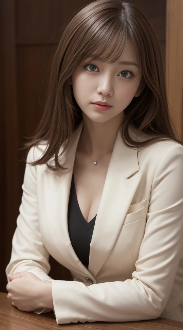 Tabletop, Highest quality, figure, Super detailed, In detail, High resolution, 8k wallpaper, Perfect dynamic composition, Age35,Beautiful attention to detail, Natural Lip,blazer ,whole body,Light brown hair,bangs,wavyhair,thin body