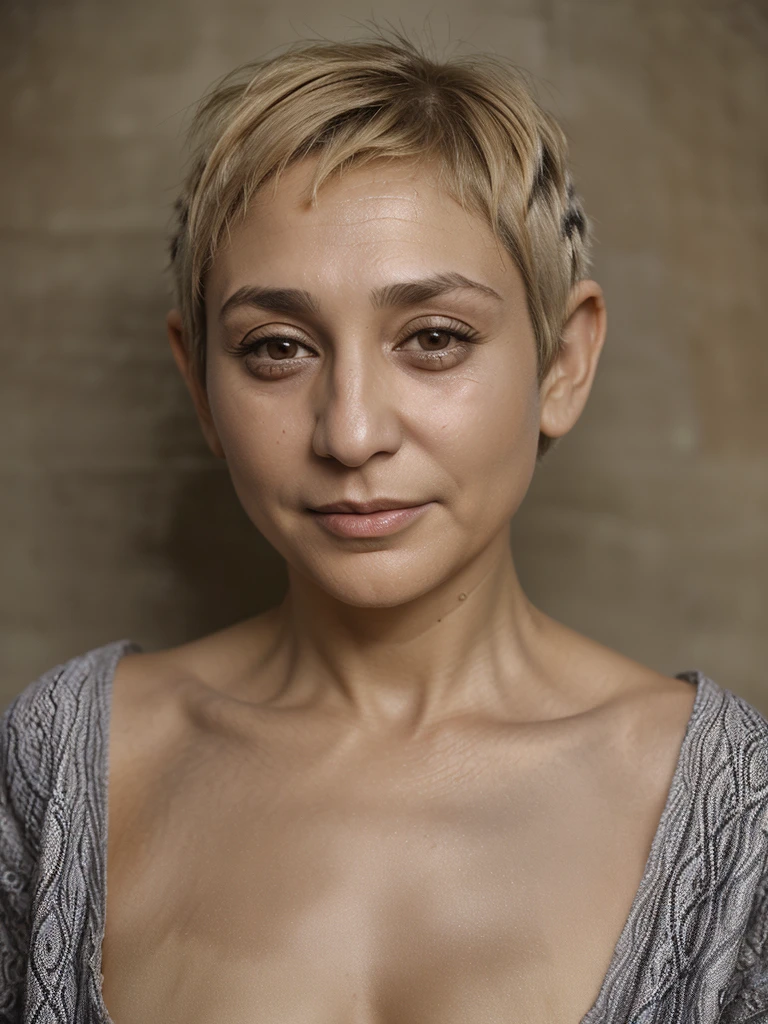 Solo photo of Cherie Gil, (((50 years old))), Armenian old woman, (((Armenian Pixie cut blonde hair))), Armenian brown eyes, (((body and face wrinkles)))