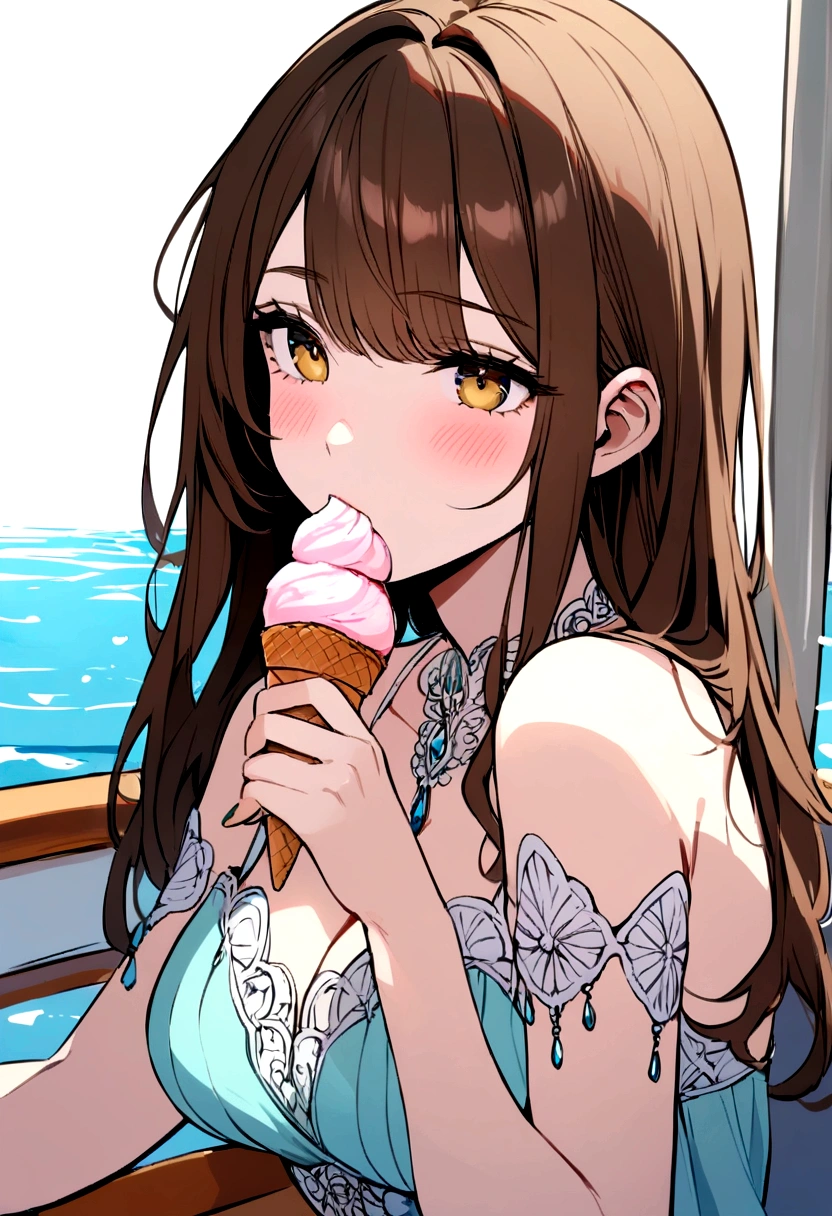 girl brunette, on a yacht sucking on an ice cream 