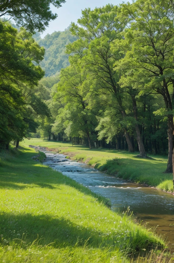 Grass and trees are blowing in the strong wind on the vast grassland。A meadow with a stream、Nobody is here、There is no one、Landscape painting、No person required、No building required、Only trees and grass are needed