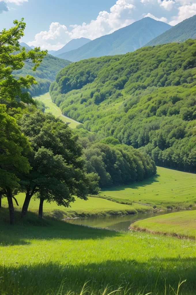 Grass and trees are blowing in the strong wind on the vast grassland。A meadow with a stream、Nobody is here、There is no one、Landscape painting、No person required、No building required、Only trees and grass are needed