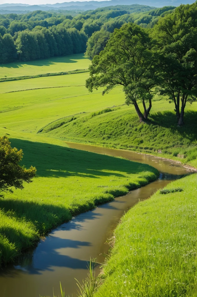 Grass and trees are blowing in the strong wind on the vast grassland。A meadow with a stream、Nobody is here、There is no one、Landscape painting、No person required、No building required、Only trees and grass are needed