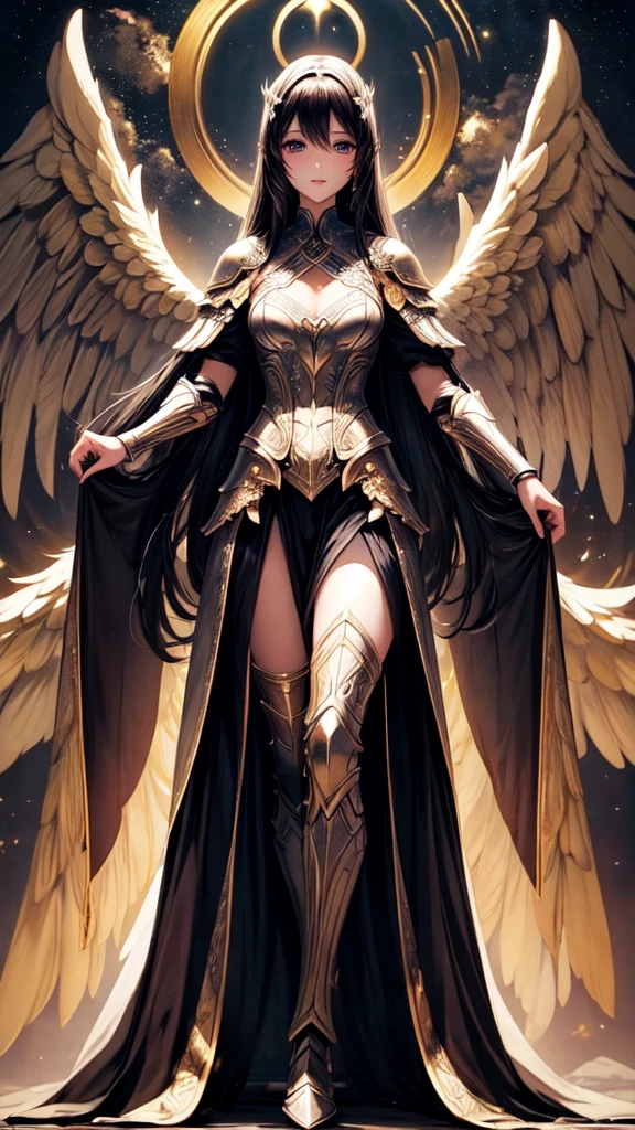 best quality, extremely beautiful, beautiful face, angel woman, four huges black wing, revealing armor with open front skirt, very long dark hair, bright white light eyes
