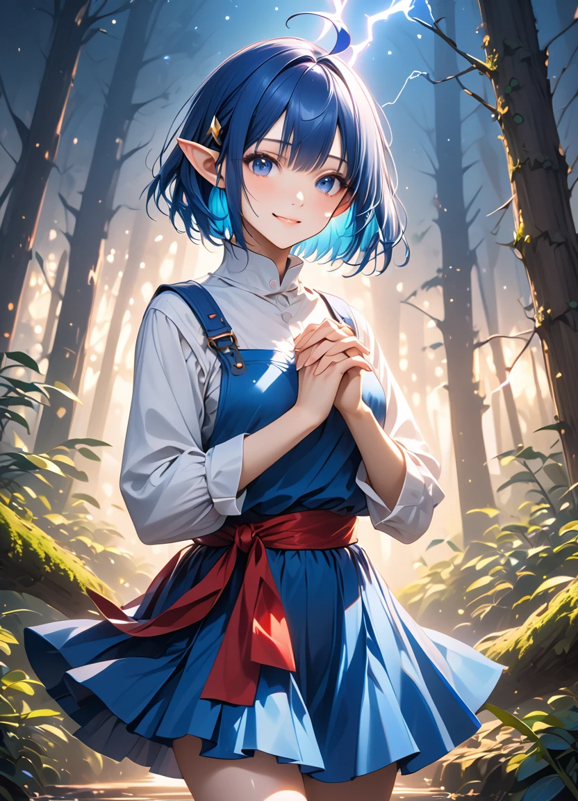 1girl, RENA LANFORD, 1GIRL, AHOGE, BLUE HAIR, SHORT HAIR, BLUE EYES, POINTY EARS CRESCENT HAIR ORNAMENT, RED CAPE, BLUE VEST, LEATHER ARMOR, RED RIBBON, WAIST RIBBON, BLUE SKIRT, MINISKIRT, SHOES, BREAK kawaii, smile, cowboy shot, own hands clasped, forest, night, lightning bug, light particle, BREAK detailed face, smooth skin, cinematic lighting, volumetric shadow, BREAK Ultra-realism, score_9, score_8_up, score_7_up, (masterpiece:1.2), (best quality:1.2), (very aesthetic:1.2), (absurdres:1.2), (detailed background), newest, (intricate:1.2), ai-generated, BREAK